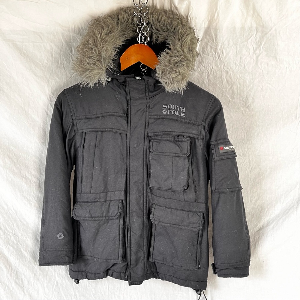 Vintage Y2K Southpole Kids Winter Coat Large 7 Black Full Zip Faux Fur Puffer